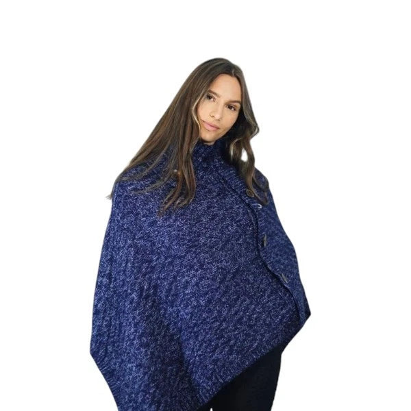 Women's Luxury Aran Cowl Neck Poncho Buttons Details Soft Cozy Winter Warm Wrap