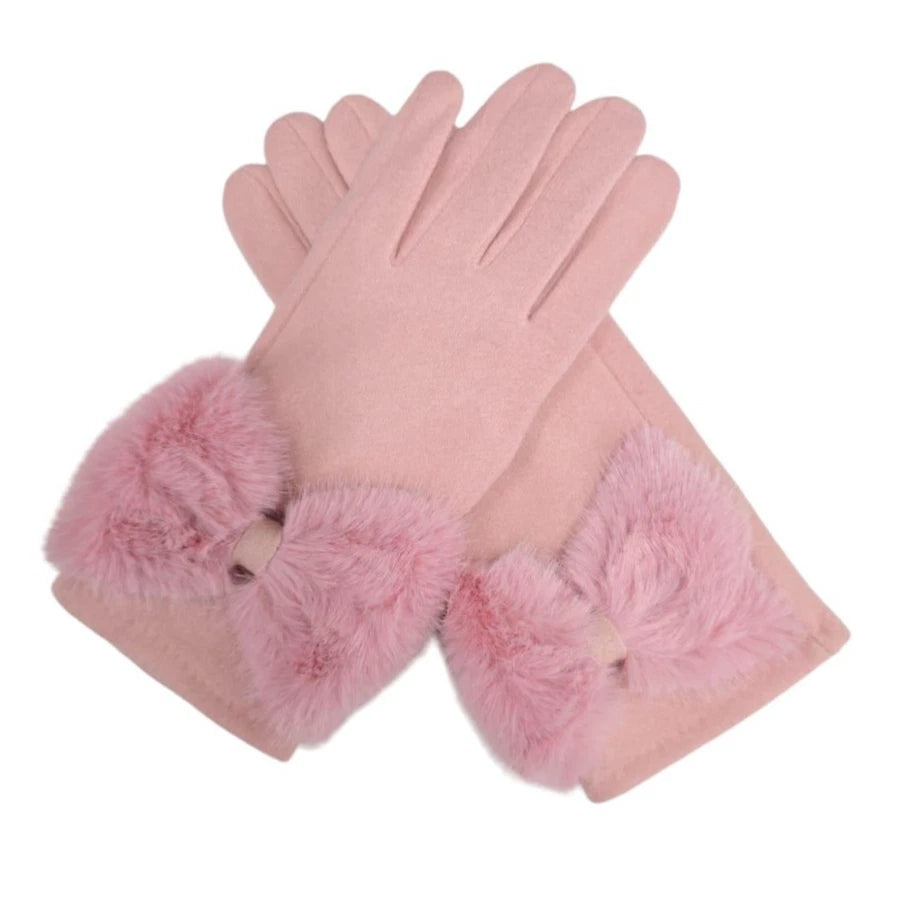 Women's Plain Winter Gloves Faux Fur Cuffs Bow Soft Comfy Lined Touch Screen Gloves