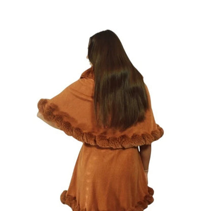 Womens Soft Double Layered Poncho Fleece Faux Fur Collar & Cuffs Ladies Luxury Poncho Cape Shawl Wrap