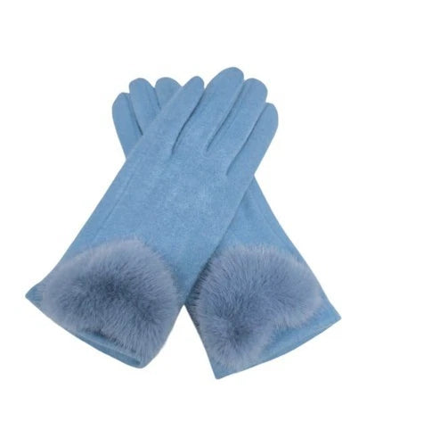 Women's Winter Gloves Soft Fur Pompom Cashmere Blend Ladies Fashion Plain Gloves