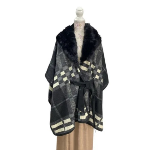 Women's Warm Winter Poncho Soft Fleece Faux Fur Collar Ladies Cape Shawl Wrap