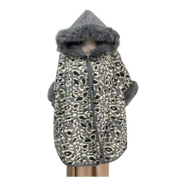 Women's Faux Fur Trim Hooded Cape Poncho Ladies Warm Wrap Shawl Jacket Cloak Coat UK