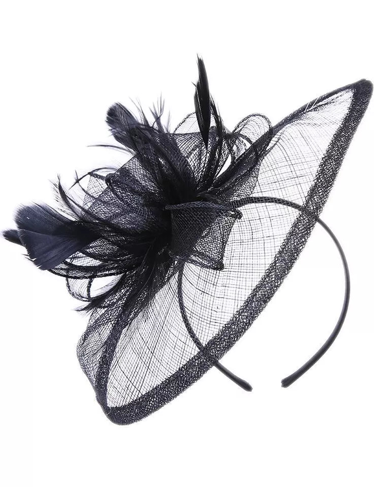 Sinamay Bow and Feather Teardrop Fascinator Headband & Clip Wedding Hat Race Royal Ascot Party