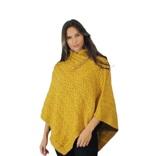 Women's Luxury Aran Cable Knit Poncho Button Neck Warm Winter Cape Shawl Wrap