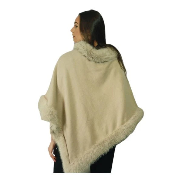 Women's Soft Cozy Stylish Poncho with Faux Fur Trim Winter Warm Ladies Cape Coat Wrap UK