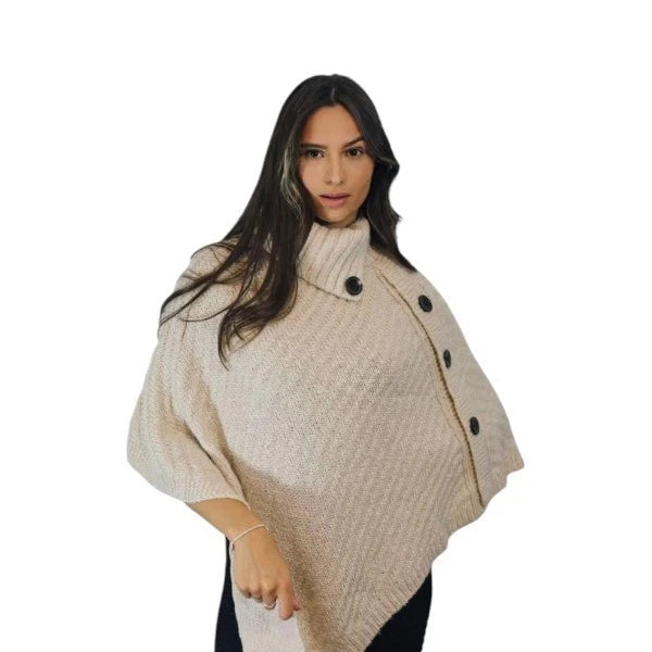 Women's Luxury Aran Cowl Neck Poncho Buttons Details Soft Cozy Winter Warm Wrap