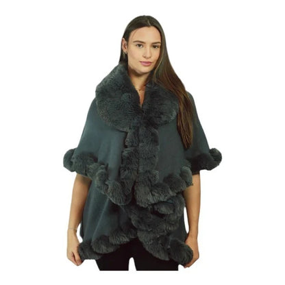 Womens Soft Double Layered Poncho Fleece Faux Fur Collar & Cuffs Ladies Luxury Poncho Cape Shawl Wrap