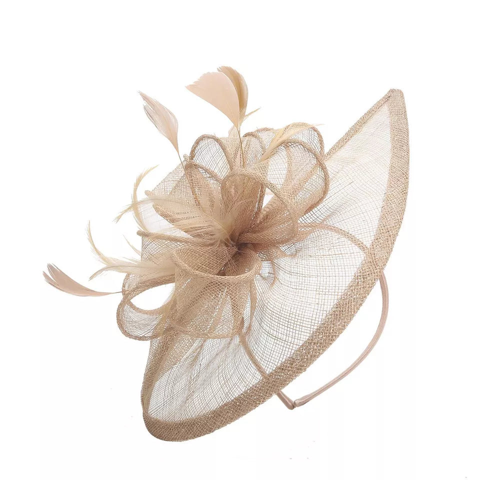 Sinamay Bow and Feather Teardrop Fascinator Headband & Clip Wedding Hat Race Royal Ascot Party