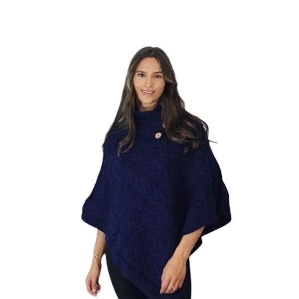Women's Luxury Aran Cable Knit Poncho Button Neck Warm Winter Cape Shawl Wrap