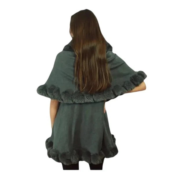 Womens Soft Double Layered Poncho Fleece Faux Fur Collar & Cuffs Ladies Luxury Poncho Cape Shawl Wrap