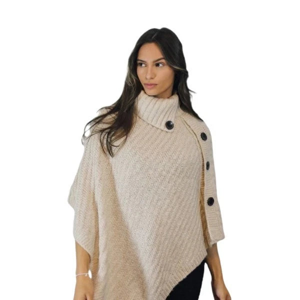Women's Luxury Aran Cowl Neck Poncho Buttons Details Soft Cozy Winter Warm Wrap