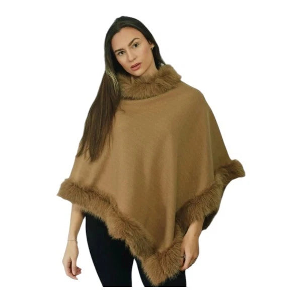 Women's Soft Cozy Stylish Poncho with Faux Fur Trim Winter Warm Ladies Cape Coat Wrap UK