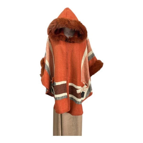 Women's Faux Fur Trim Hooded Cape Poncho Ladies Warm Wrap Shawl Jacket Cloak Coat UK