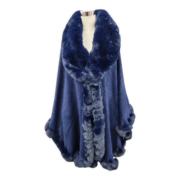 Women's Luxury Faux Fur Poncho Fleece Soft Faux Fur Collar & Cuffs Celebrity Style Warm Cape Shawl Wrap