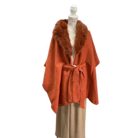Women's Warm Winter Poncho Soft Fleece Faux Fur Collar Ladies Cape Shawl Wrap