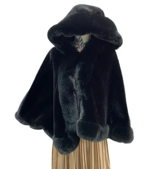 Women's Luxury Faux Fur Poncho Hooded Cape Ladies Cozy Winter Warm Coat Jacket Wrap UK