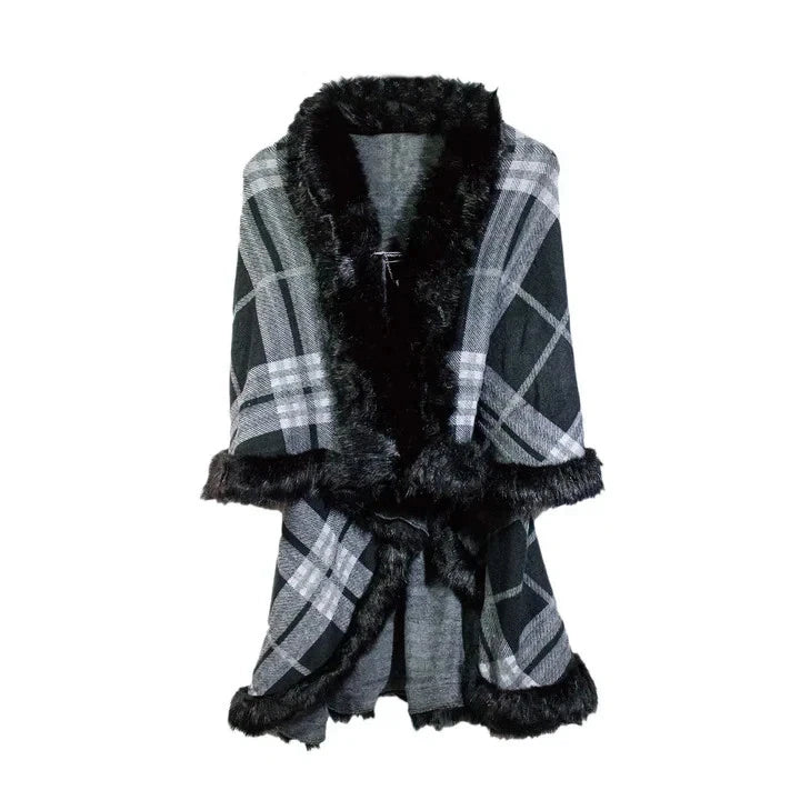 Womens Soft Layered Shawl Poncho Fleece Faux Fur Collar and Cuff Cape Shawl Wrap Check Pattern
