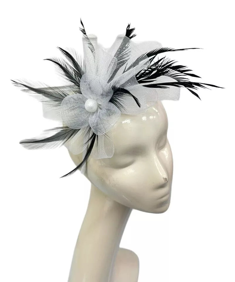 Looped Mesh Flower Feathers Pearl Fascinator Headband Alice band Wedding Ladies Day Royal Ascot Race