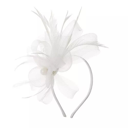 Looped Mesh Flower Feathers Pearl Fascinator Headband Alice band Wedding Ladies Day Royal Ascot Race